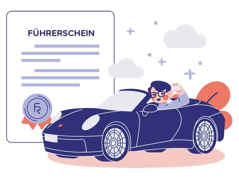Junger Mann im Porsche zeigt stolz die beglaubigte Übersetzung des Führerscheins